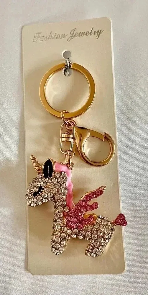 Unicorn Bag And Key Chain Charm Pink Clear Crystal Rhinestone Gold Tone Hardware - Image 1