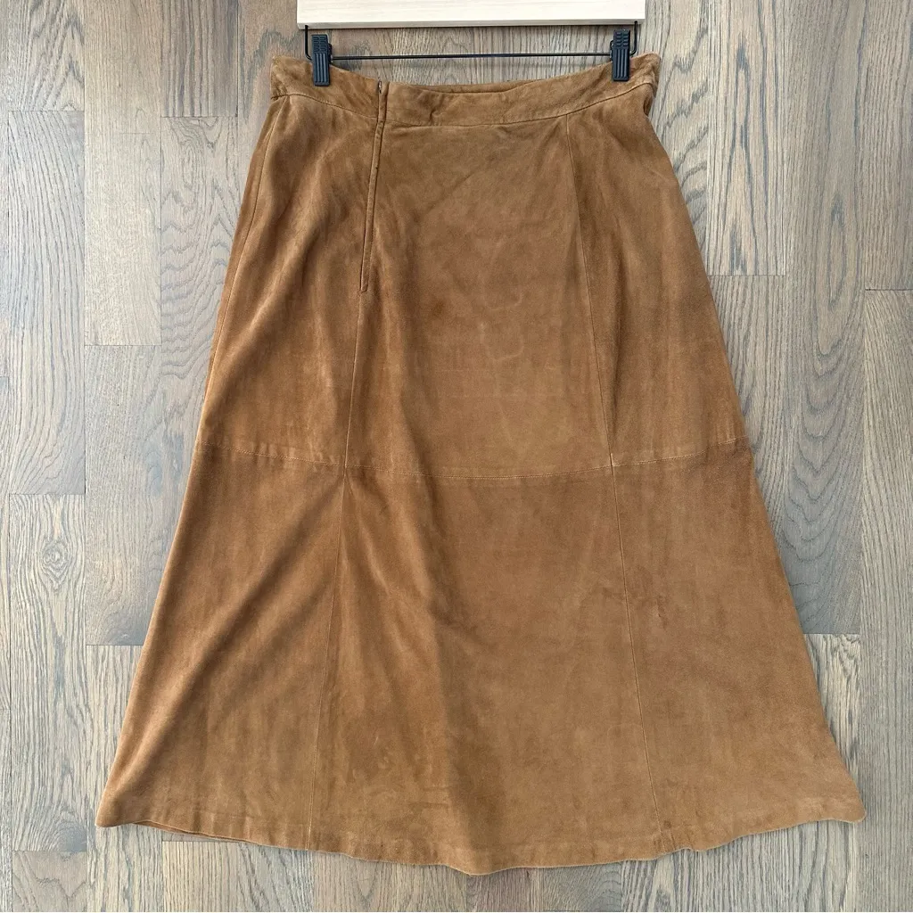 Max Mara Genuine Suede Leather A-Line Midi Skirt in Brown Size 14 US 48 IT - Image 6