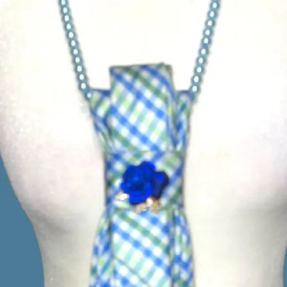 “Dainty Dapper”Blue and Green striped necktie Necklace with brooch Blue - Image 3