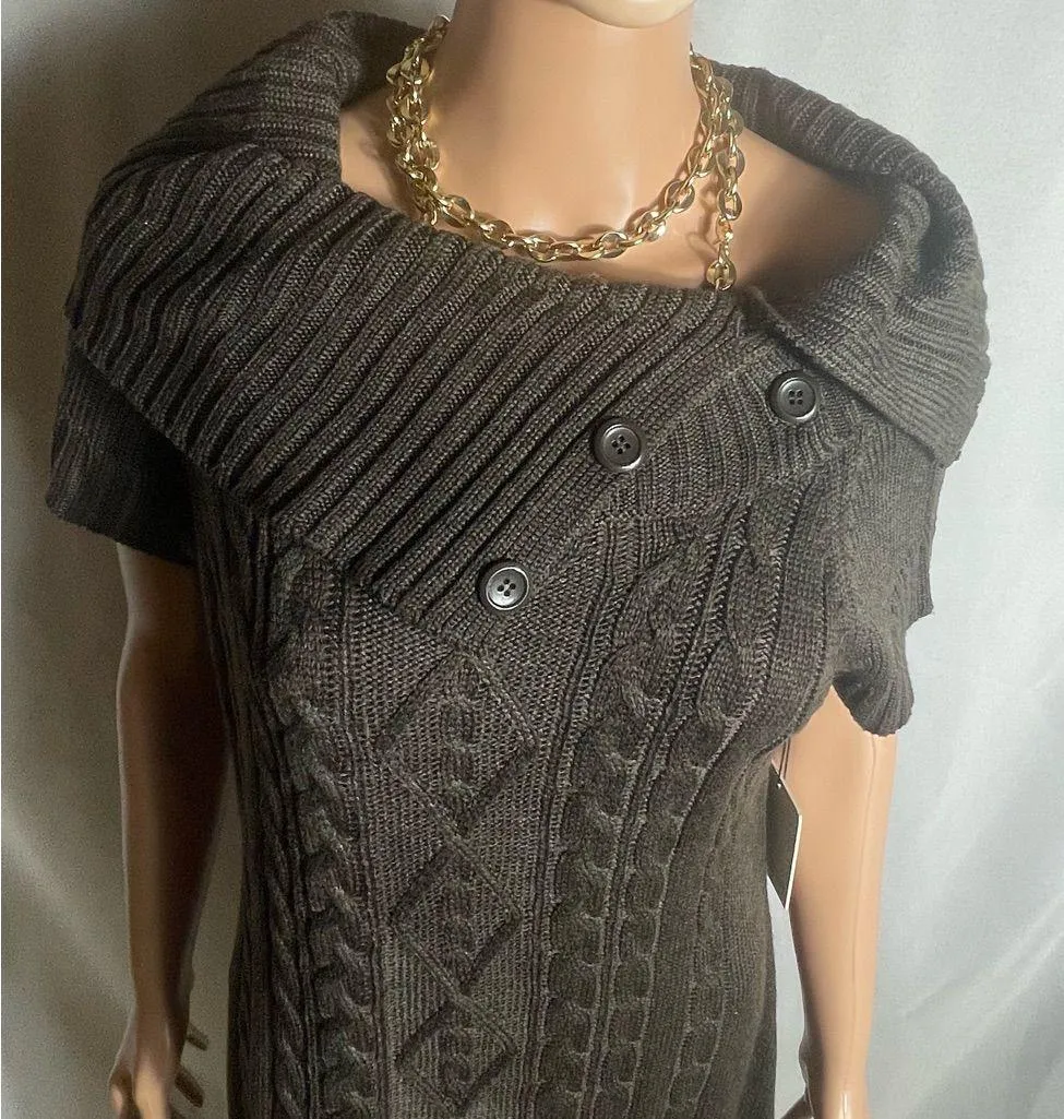 Calvin Klein Cable Knit Sweater Dress Brown Cowl Neck Button Detail Size L NWT - Image 3
