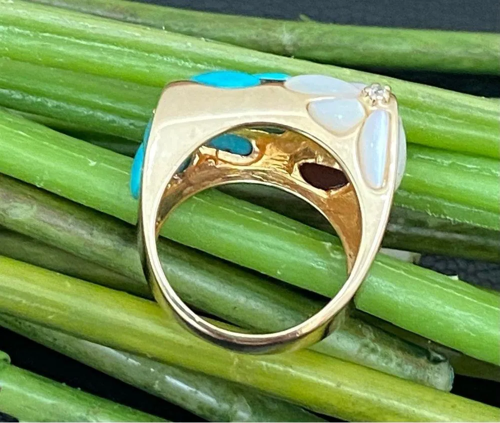 PJM 925 Gold Over Sterling CZ Turquoise Carnelian Gem Flower Design Ring Size 6 - Image 4