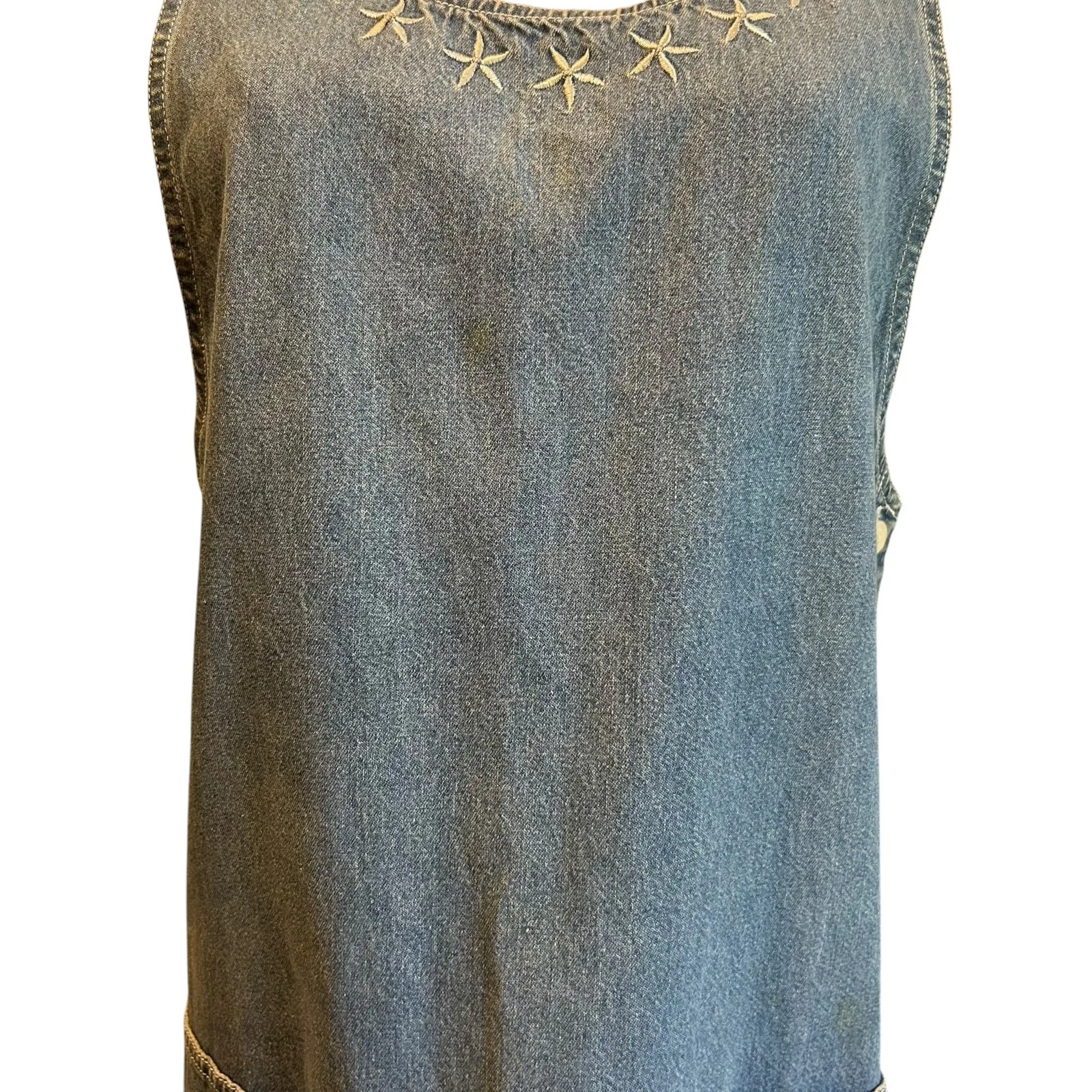 Denim Midi Dress VTG Embroidery Front Pockets Boho Western SZ M Carolina Bay Blue Size M - Image 4