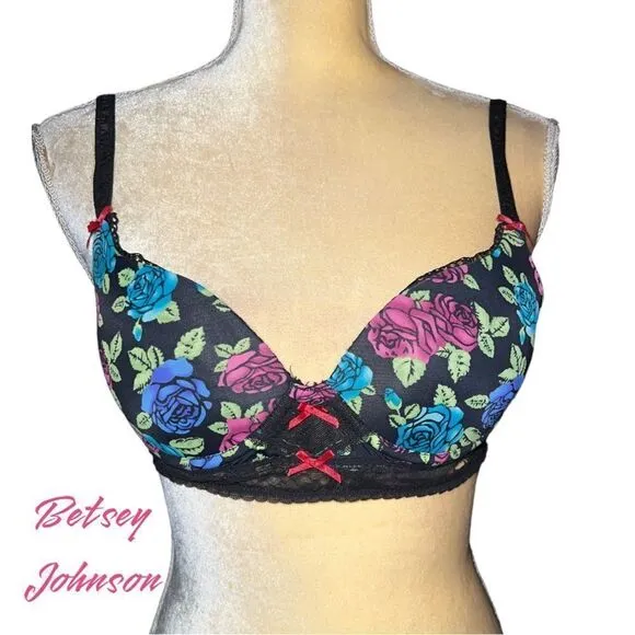 Betsey Johnson black flirty bra with floral design ( so Betsey ) ! Padded - Image 2