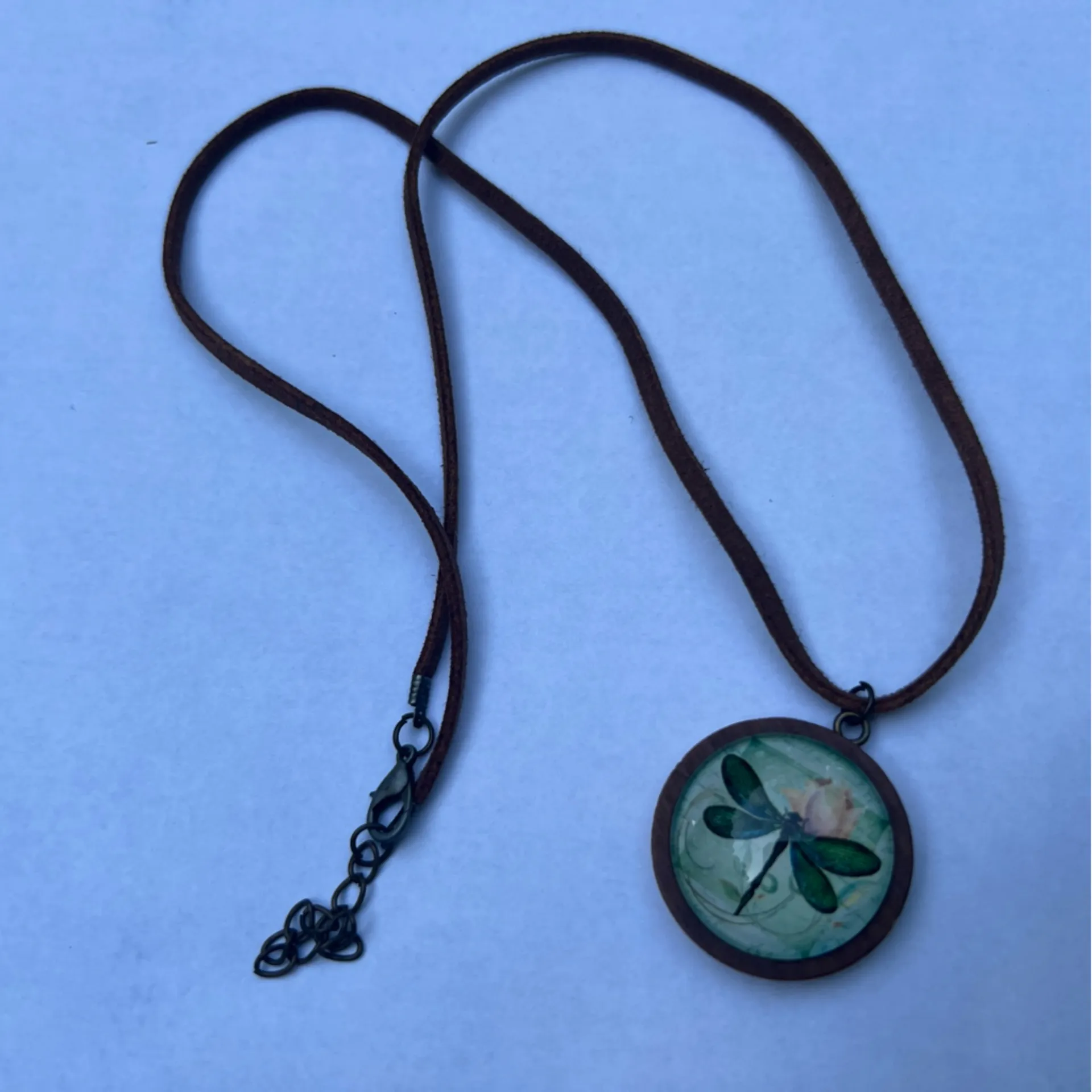 Artisan Dragonfly Glass Front Dome Earthy Cottagecore Wooden Pendant Necklace Green - Image 5