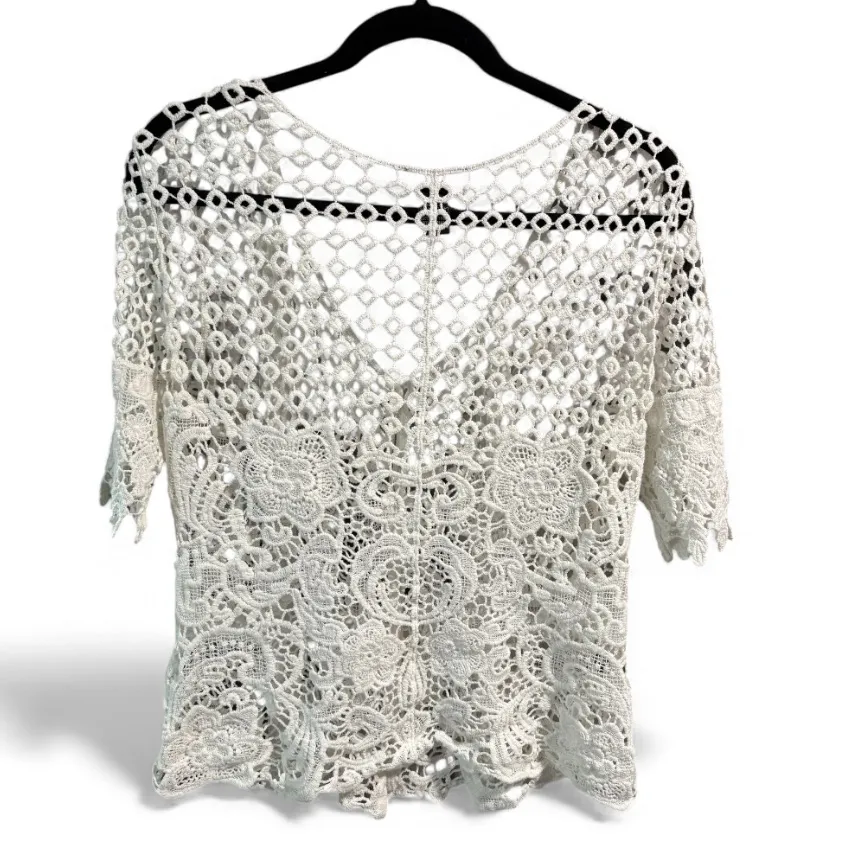 Questions By Say What White Crochet Layering Button Up Top - Image 2