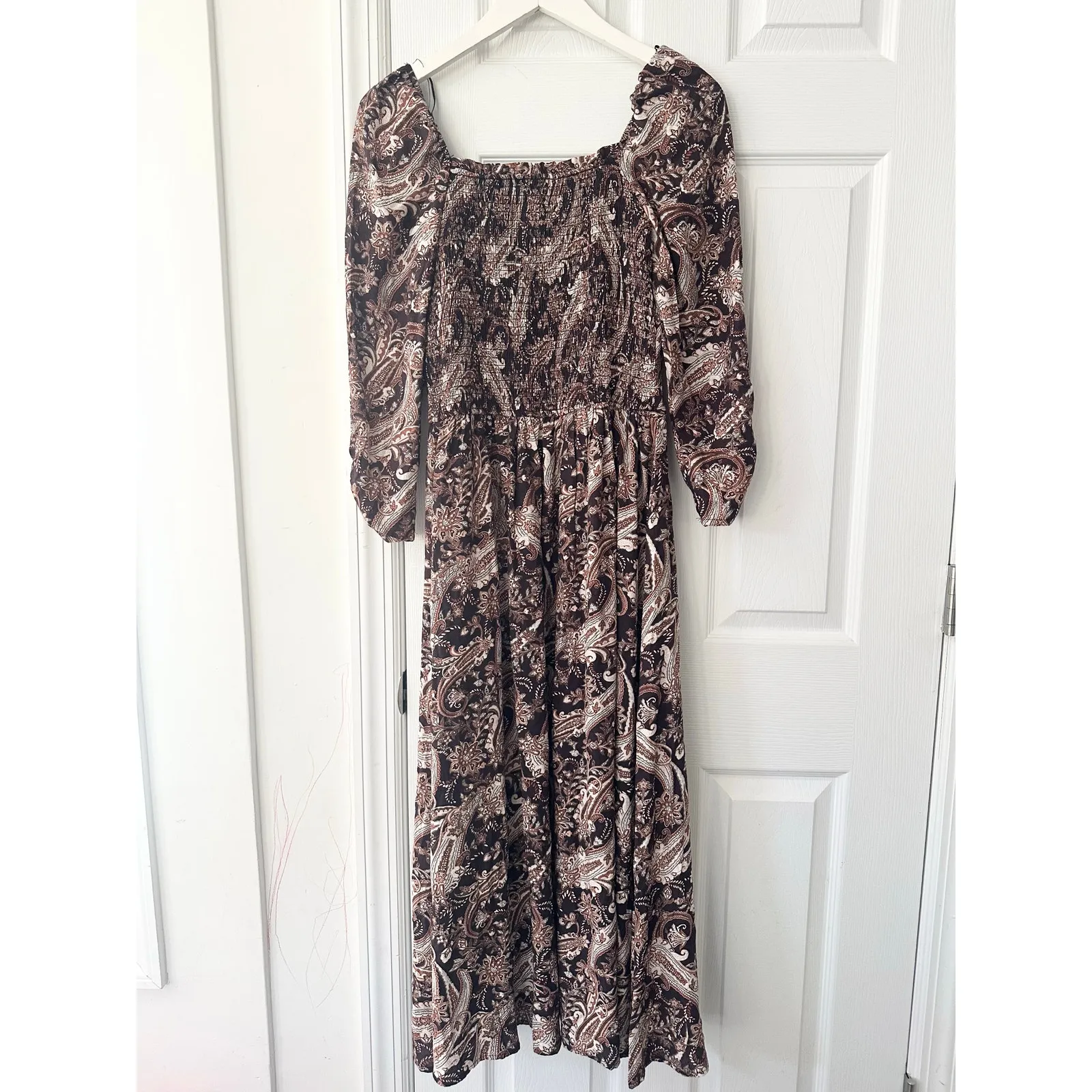By The River Boutique Brown Paisley Sweetheart Neckline Puff Sleeve Midi Dress S - Image 11