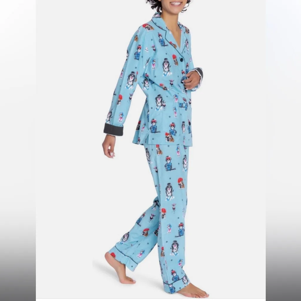 PJ Salvage Flannel Pajamas Set w/ Headband Aqua Sz S NWT Fun Rocker Dogs! Blue - Image 2