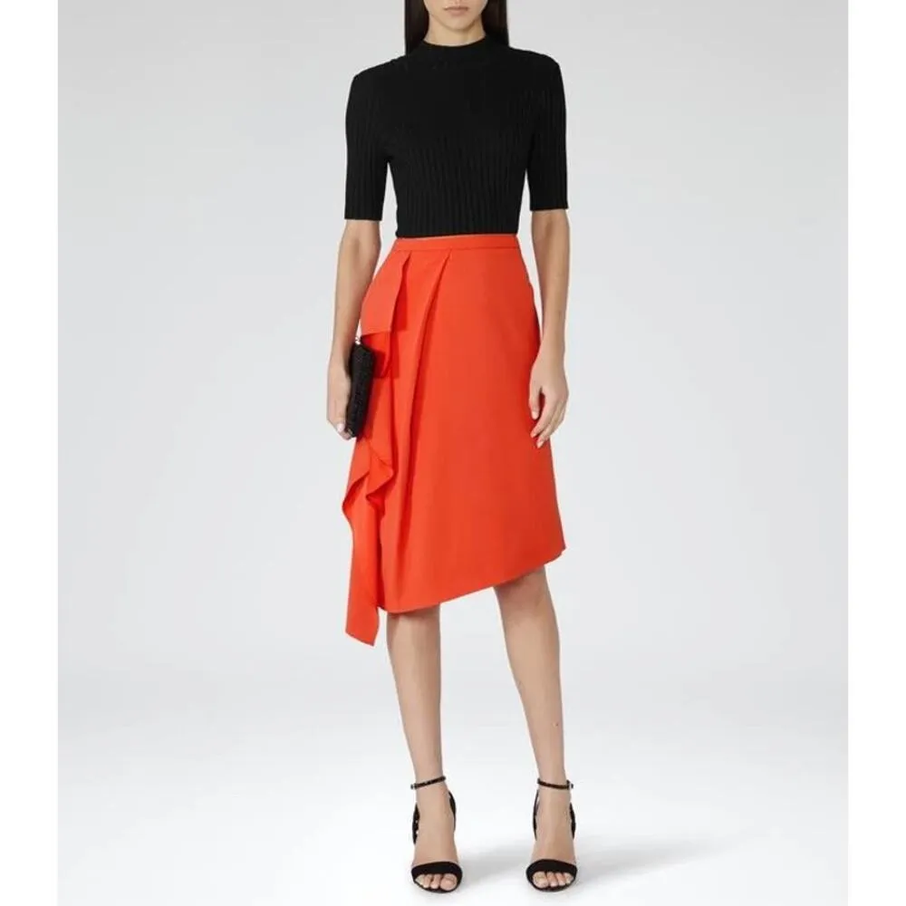 Reiss Womens Dita Waterfall Front Mandarin Bold Orange Draped Crepe Skirt Sz 6 - Image 13