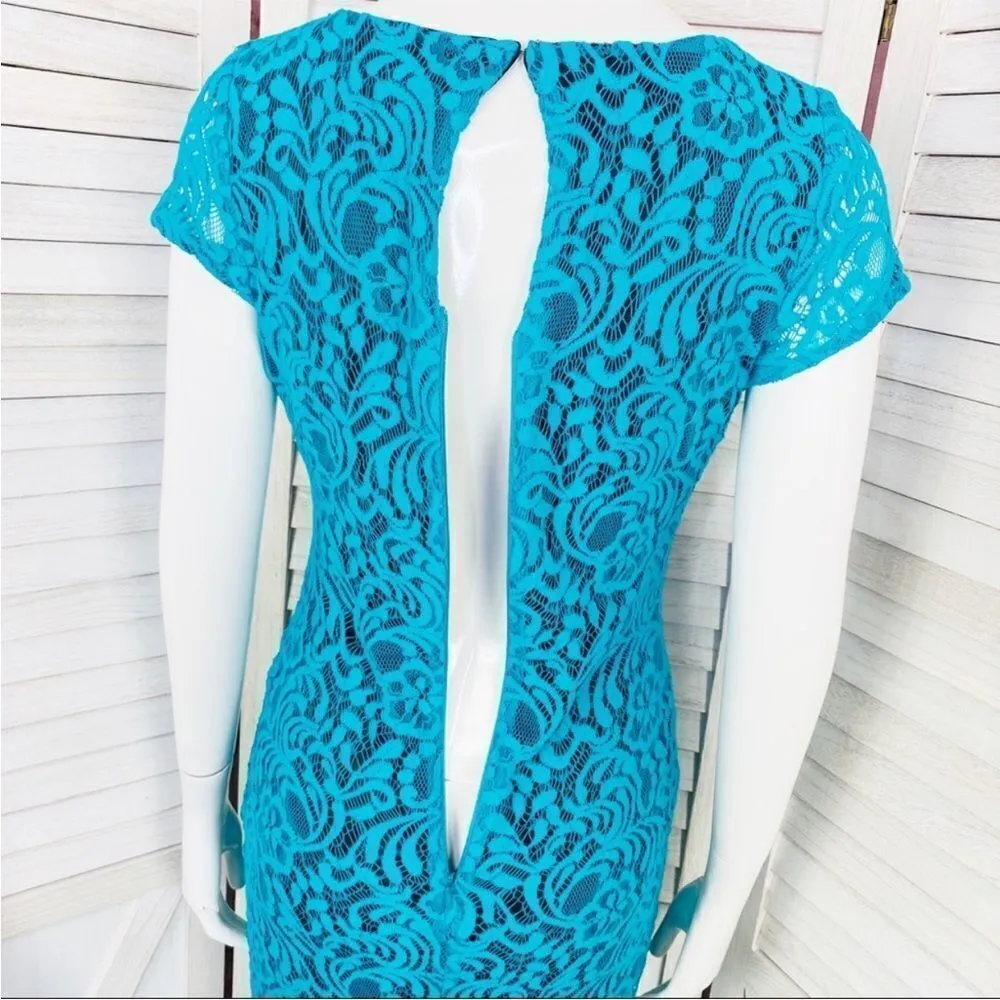 Eva Mendes New York‎ & Co. Lace Sheath Bodycon Dress Teal Black 2 Cap Sleeve Blue - Image 7