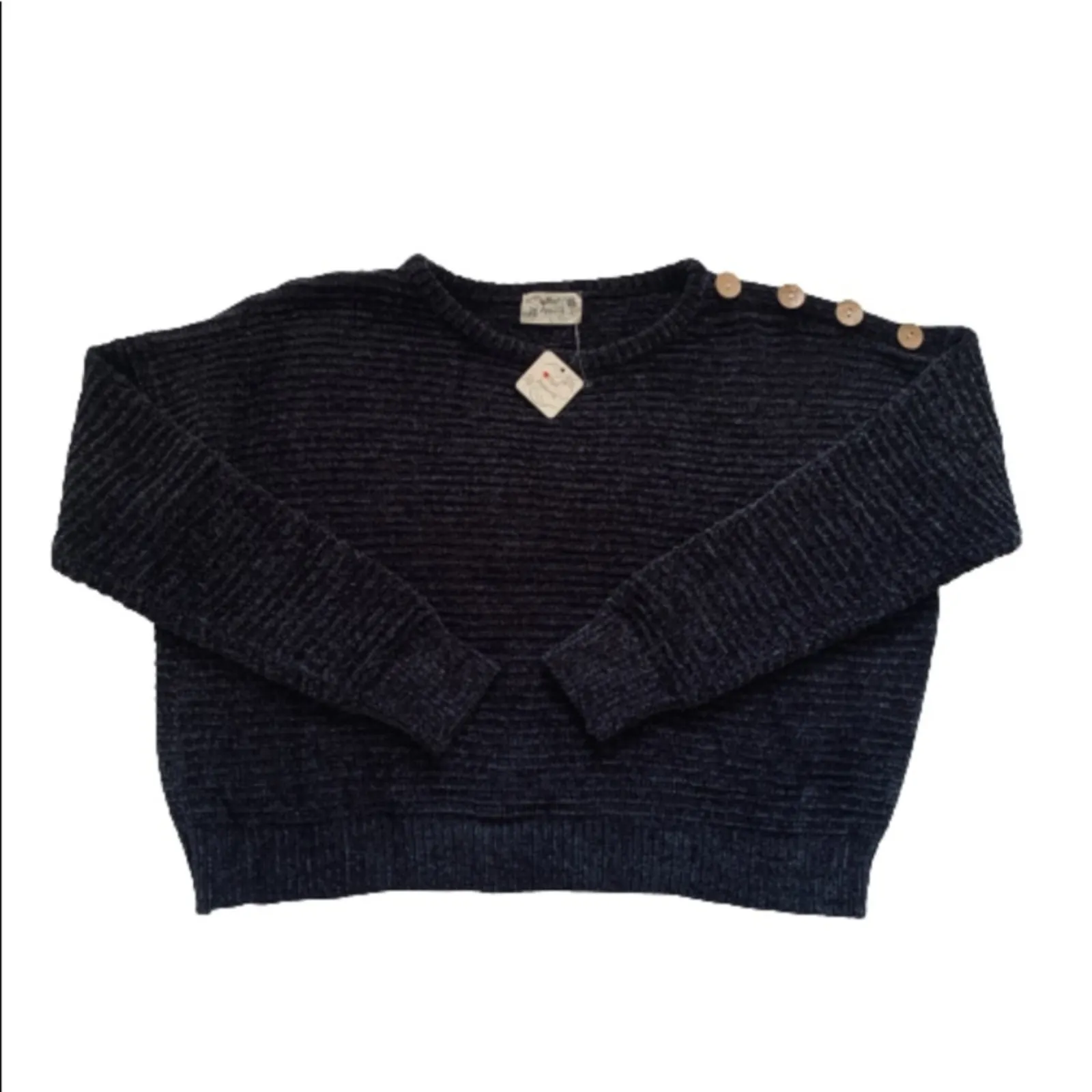 Poof Apparel Sweater Cropped Charcoal Gray Chenille Drop Shoulder Top Large NEW - Image 8