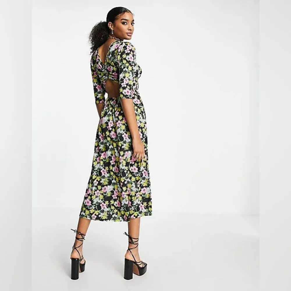 ASOS Multicolor Floral Sweetheart Neck Line Runched Midi Dress - Image 9