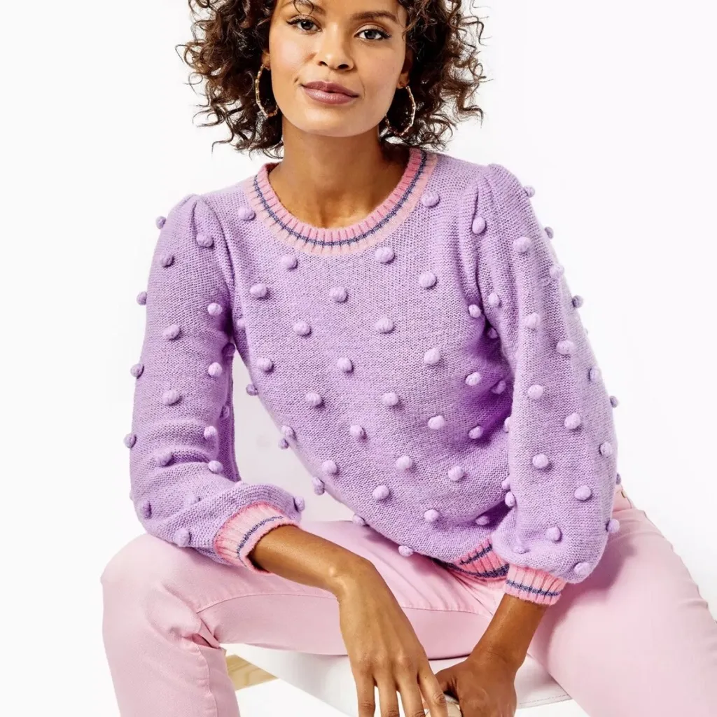 Lilly Pulitzer Dorianna Purple Pom Pom Sweater Womens Medium Pink Wool Blend - Image 2