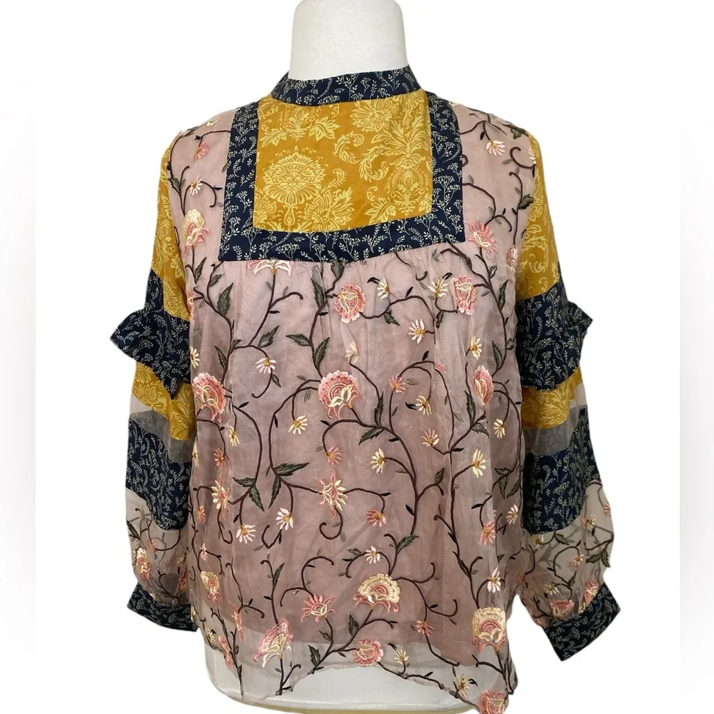 Anthropologie Let me be love actually boho embroidered silk blouse Size L - Image 4