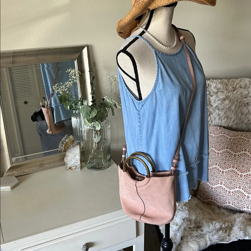 J.Crew baby pink suede 100% leather brass ring small tote bag crossbody​ - Image 2