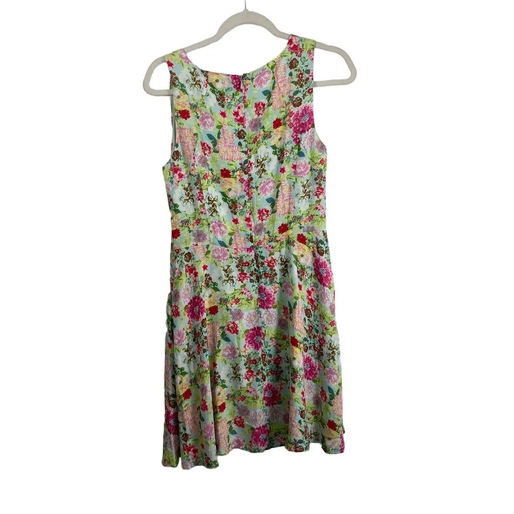 Skies are Blue Floral Sleeveless Dress Pockets Aqua Blue Pink Preppy Women Small - Image 7