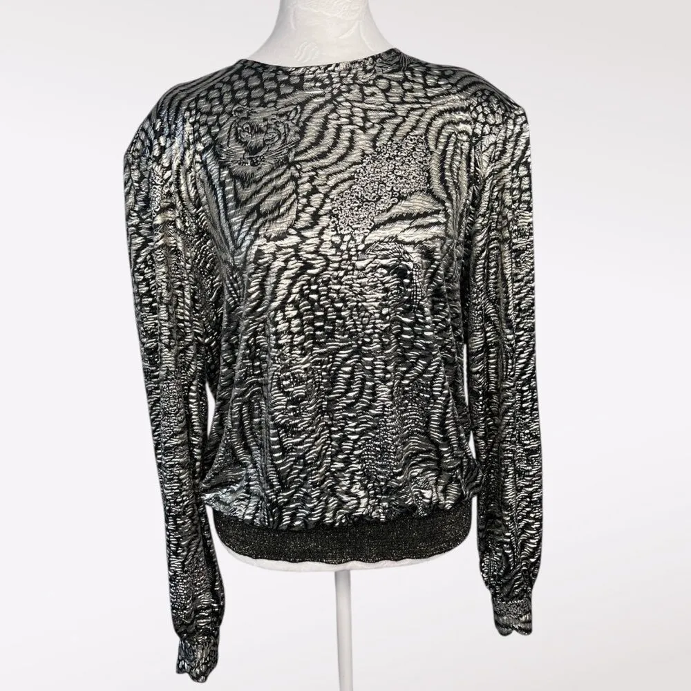 Vintage Metallic Animal Print Blouse Black Gold Long Sleeve Medium - Image 2