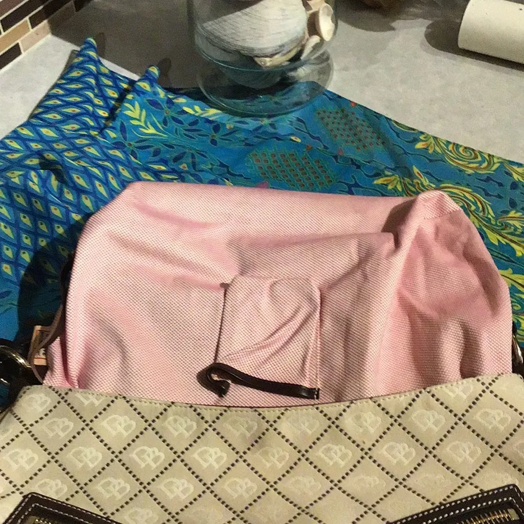 DOONEY & BOURKE LOGO PRINT CANVAS BROWN LEATHER TRIM HANDLE PURSE SHOULDER BAG - Image 11