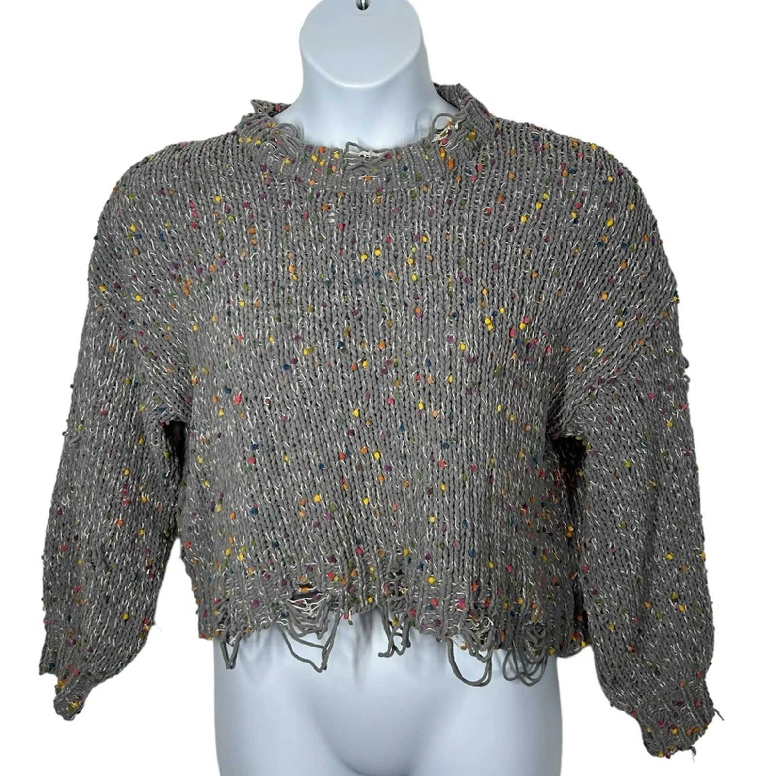 POL Distressed Sweater Small | Gray Ripped Sweater with Rainbow Confetti Detail - Image 5