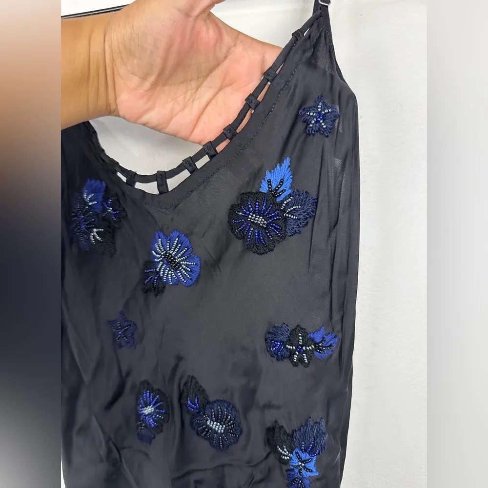 Poupette St Barth Black Satin Embroidered Floral Side Slit Maxi Resort Dress - Image 3