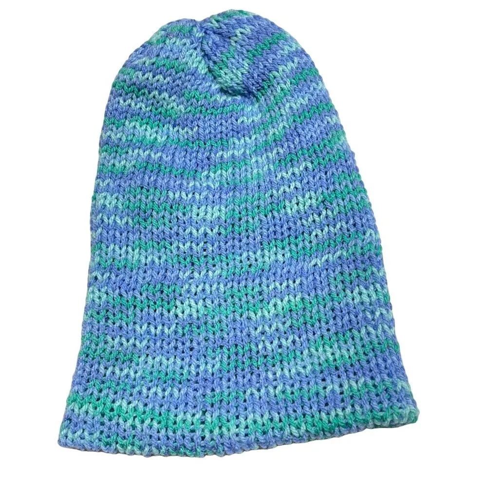 Handmade knit beanie hat blue and green double layered Adult size Women Soft - Image 2