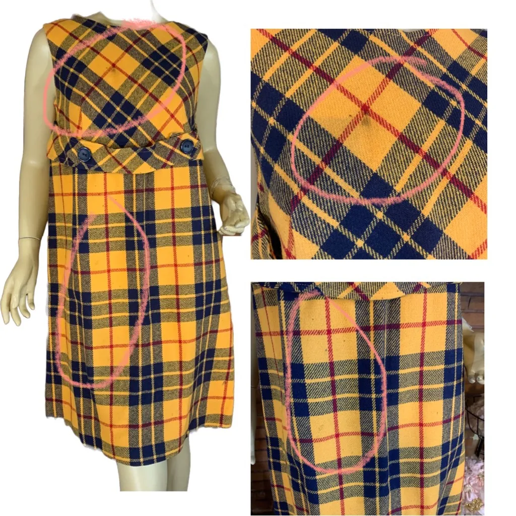 VINTAGE 1960'S M.H. FINE CO YELLOW & BLUE PLAID WOOL BLEND SHIFT DRESS (12) - Image 10