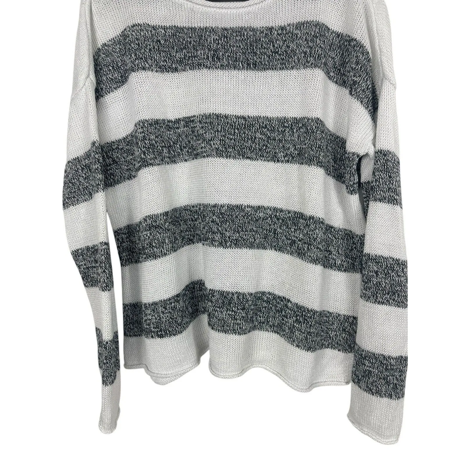 Eileen Fisher Women’s S Lightweight Knit Sweater White Gray Stripe Organic Linen - Image 3