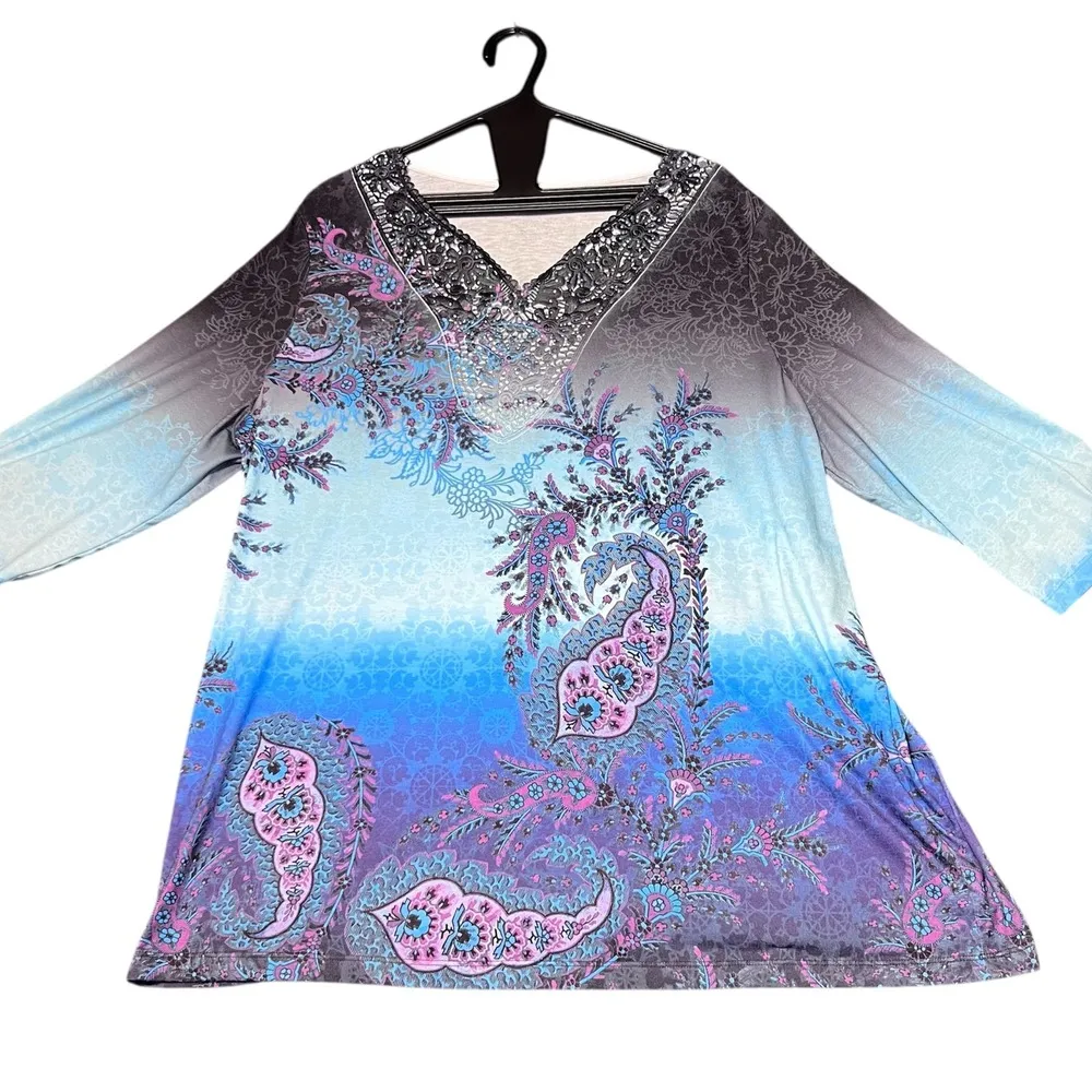 Catherines Tunic Top Womens 0X Multicolor Paisley Embellished V Neck Long Sleeve - Image 2