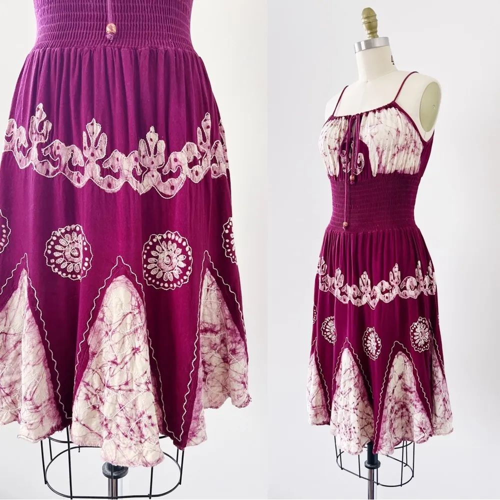 vintage • 70s batik dyed sundress smocked maroon white embroidered rayon boho - Image 4