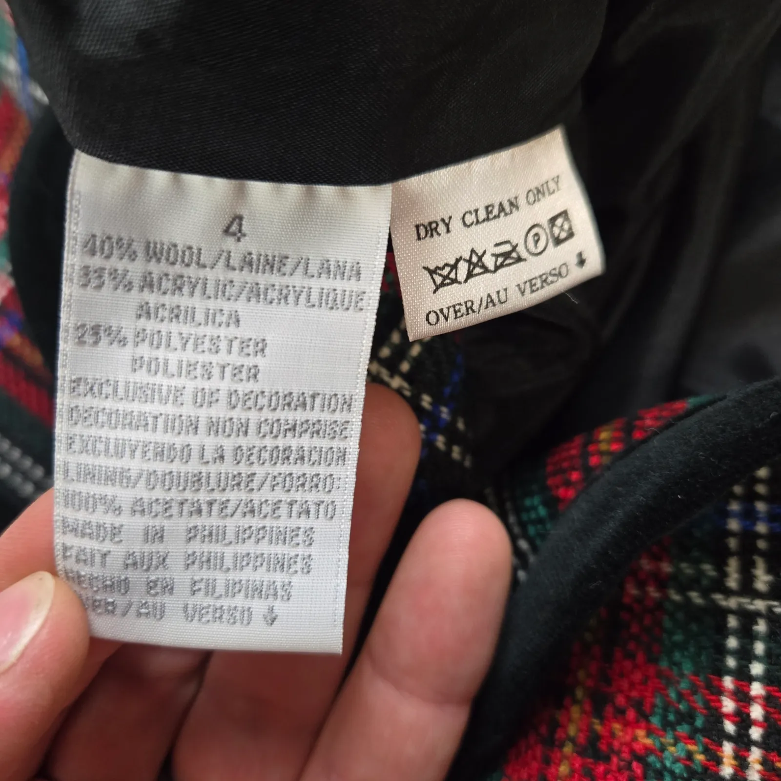 Vintage 90s Black Red Tartan Plaid Wool Blend Velvet Trim V-Neck Blazer Size 4 - Image 8