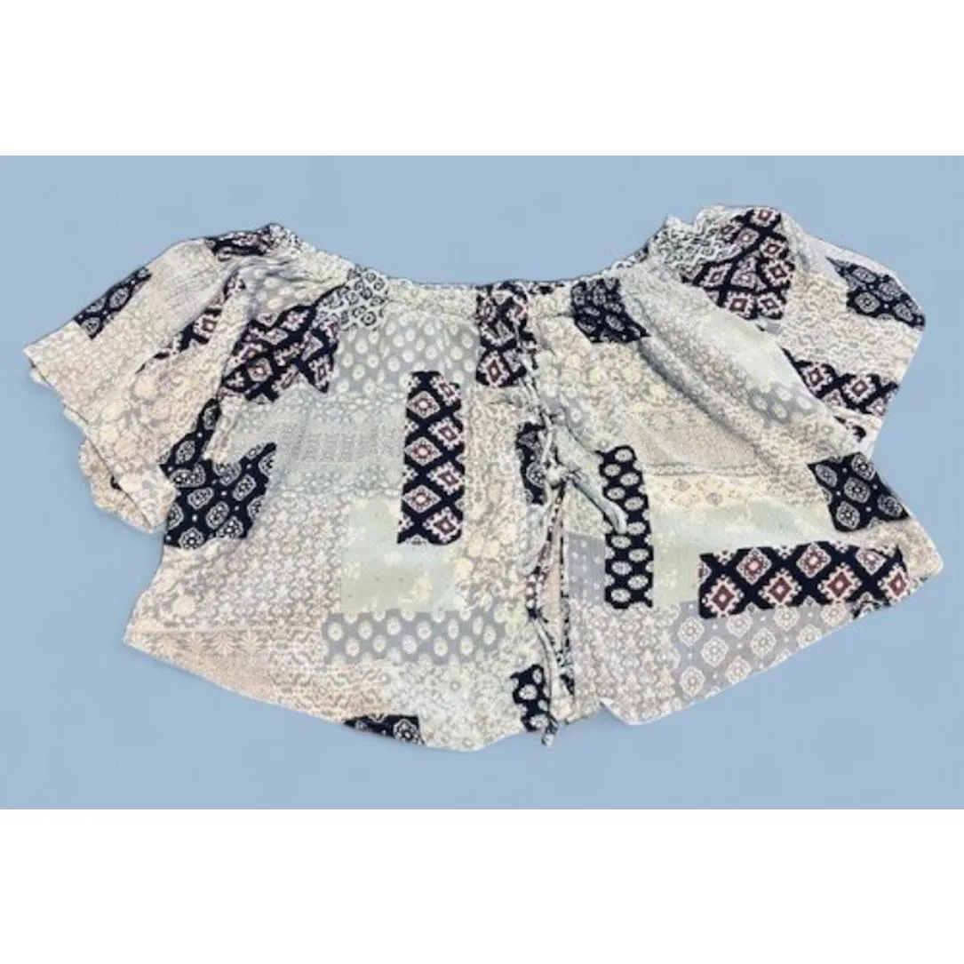 Dainty Hooligan Peasant Crop Top XS Blue Patchwork Boho‎ Lace Up Back Flowy - Image 2