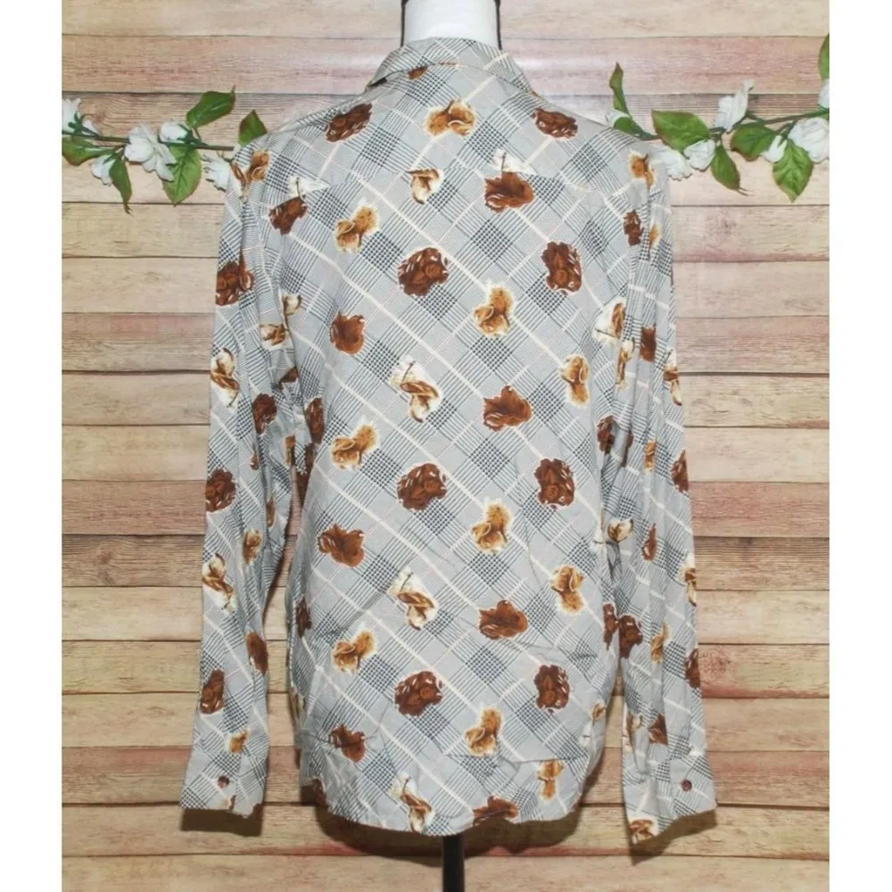 Ladies British Khaki Dog Button Up Shirt Size 10 Houndstooth Plaid Long Sleeve - Image 5