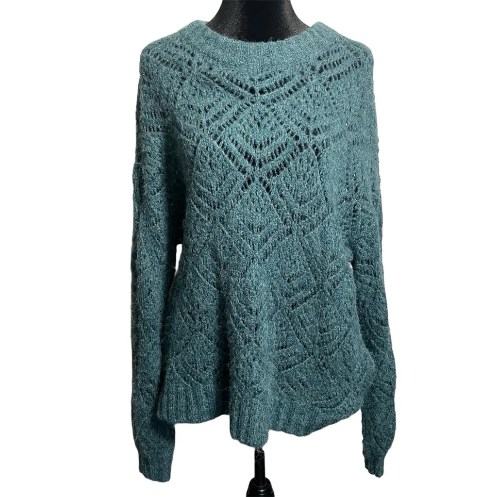 American Eagle Pointelle Crew Neck Sweater Knit Teal Oversized wool blend - Image 2
