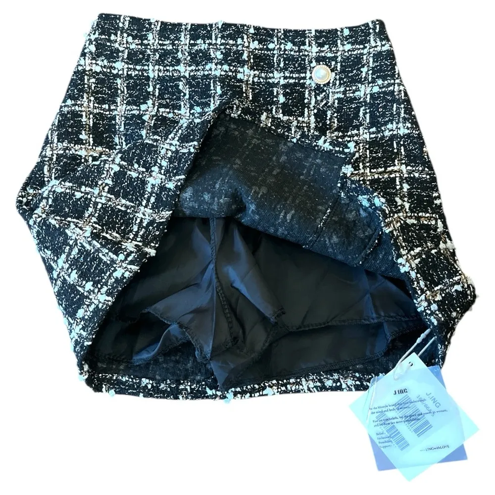 NWT J.ING Chic Black White Gold Tweed Plaid Sequins Mini Skort Skirt Size S - Image 3