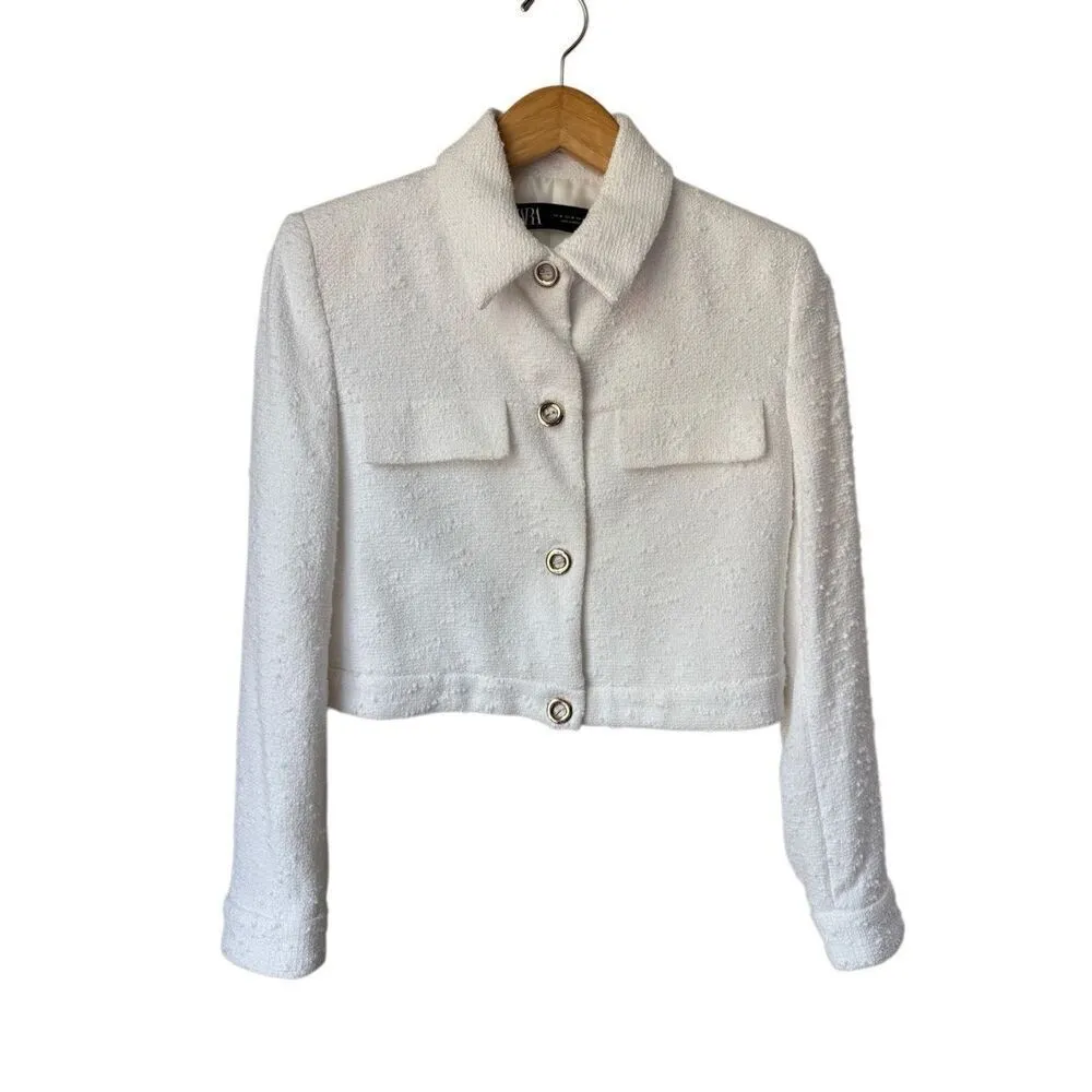 ZARA Textured Cropped Blazer with Gold Buttons In Oyster White Size M - Image 6