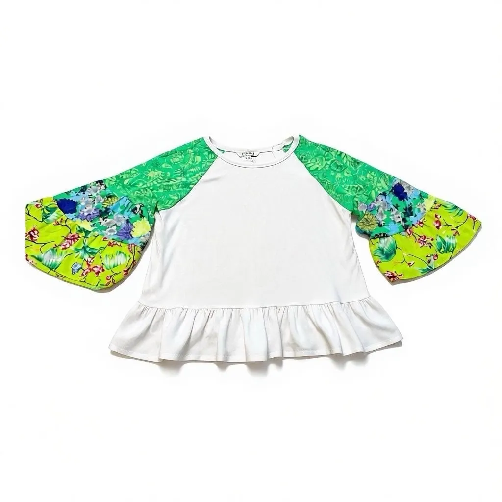 The Pioneer Woman Top Size X Large White W/ Green Balloon Sleeves Ruffle Bottom - Image 8