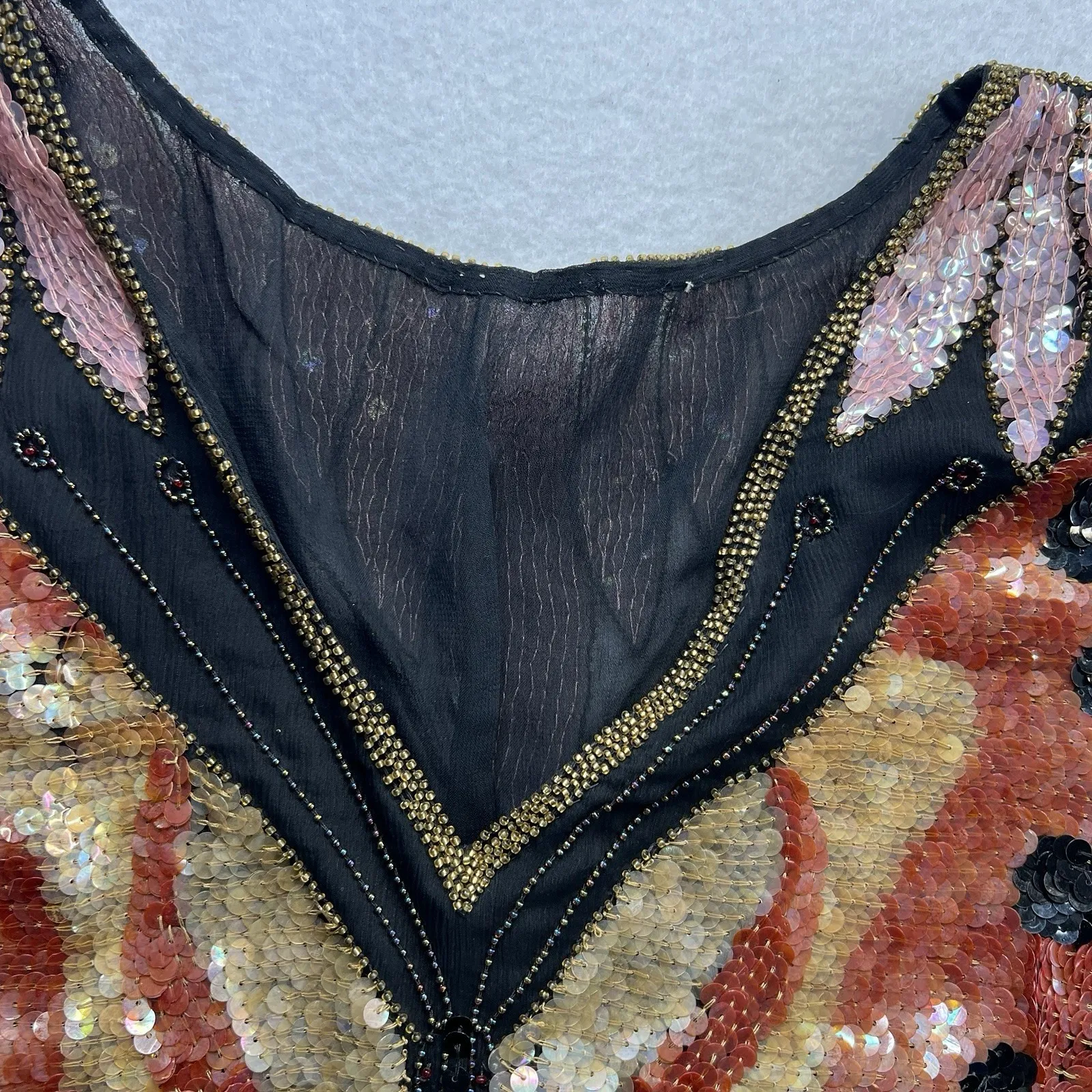 VTG Sequin Butterfly Batwing Top Silk Beaded Boho Festival Disco Fairy Costume Pink Size M - Image 8
