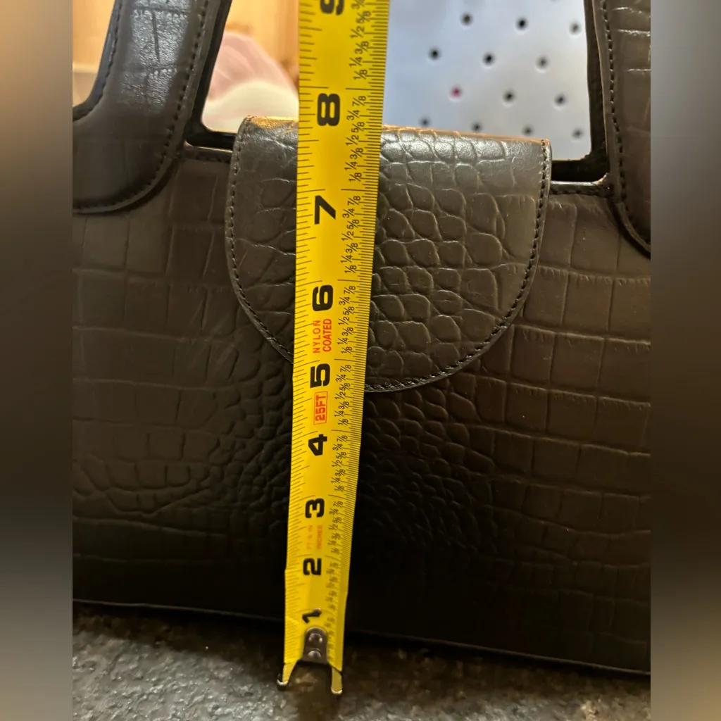 Cleobella Black Croc‎ Embossed Leather Top Handle Handbag Structured Chic - Image 12