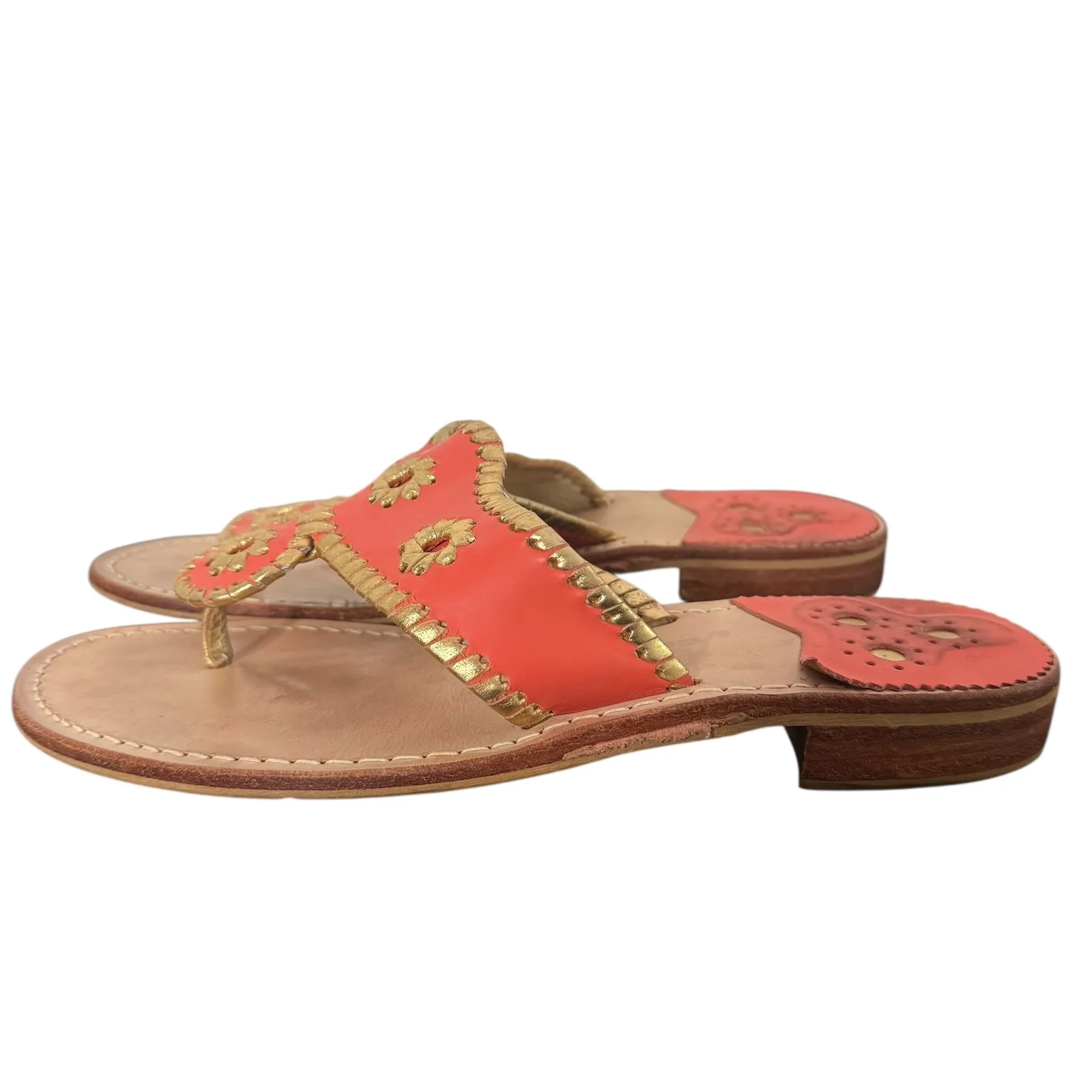 Jack‎ Rogers Nantucket Thong Sandals Coral Gold Size 8 Slip On Shoes Leather - Image 5