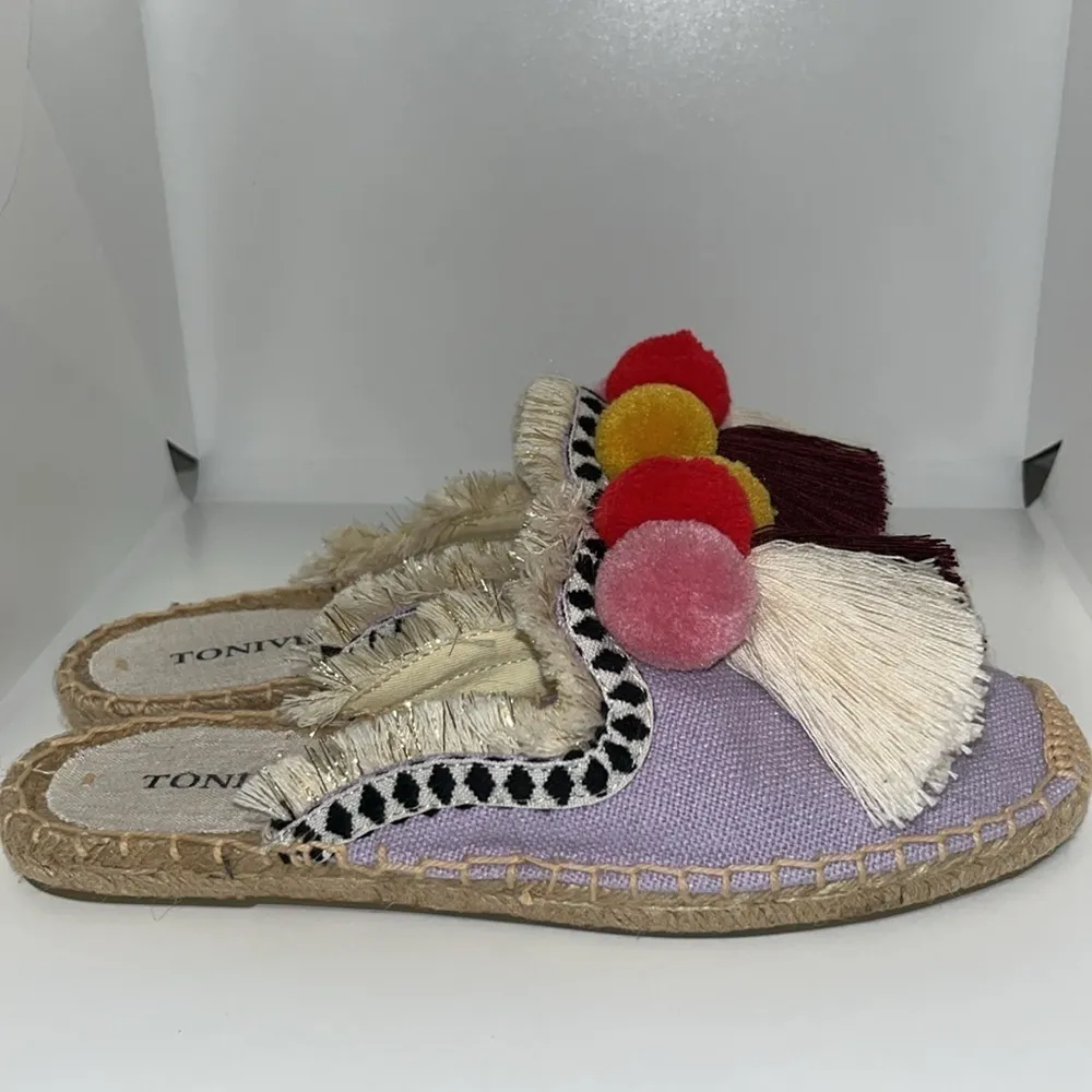 TONIVIS Mule Pompom Espadrilles Slides Slip On Flats BOHO Shoes Women’s 6 Purple - Image 3