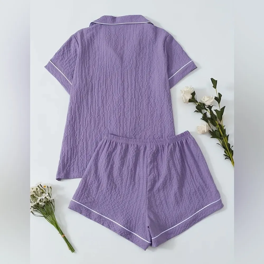 Lavender Purple Pajama Set Women’s M | Textured Sleepwear Shorts Heart Pocket Size M - Image 2