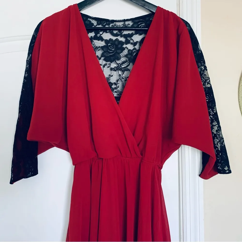 ASOS Deep Red & Black Lace Fit & Flare V-Neck Christmas Party Dress | Size: 6/S - Image 2