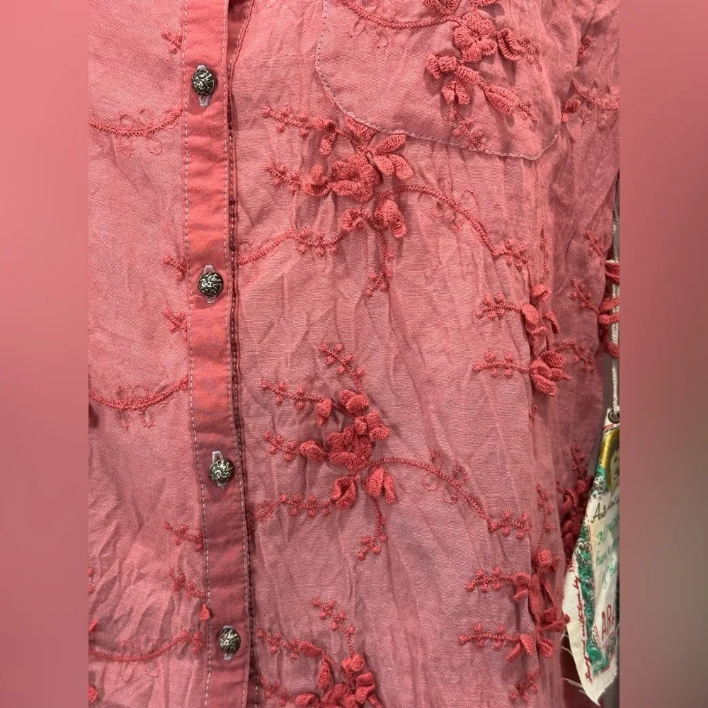 NWT Aratta Silent Journey Embroidered Button Up Top XS Coral Artsy Boho Festival Red - Image 4
