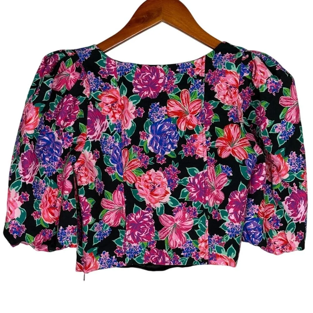 NWT ZARA Floral Cropped Top Plunging Neck Puff Half Sleeves S Black Pink Purple - Image 6