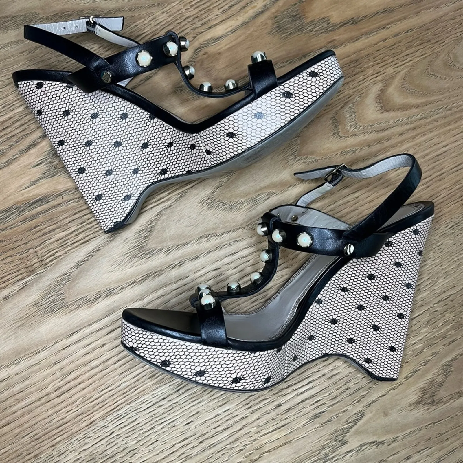 Jason Wu Leather Polka Dot T Strap Slingback Platform Wedge Black Size 7 - Image 7