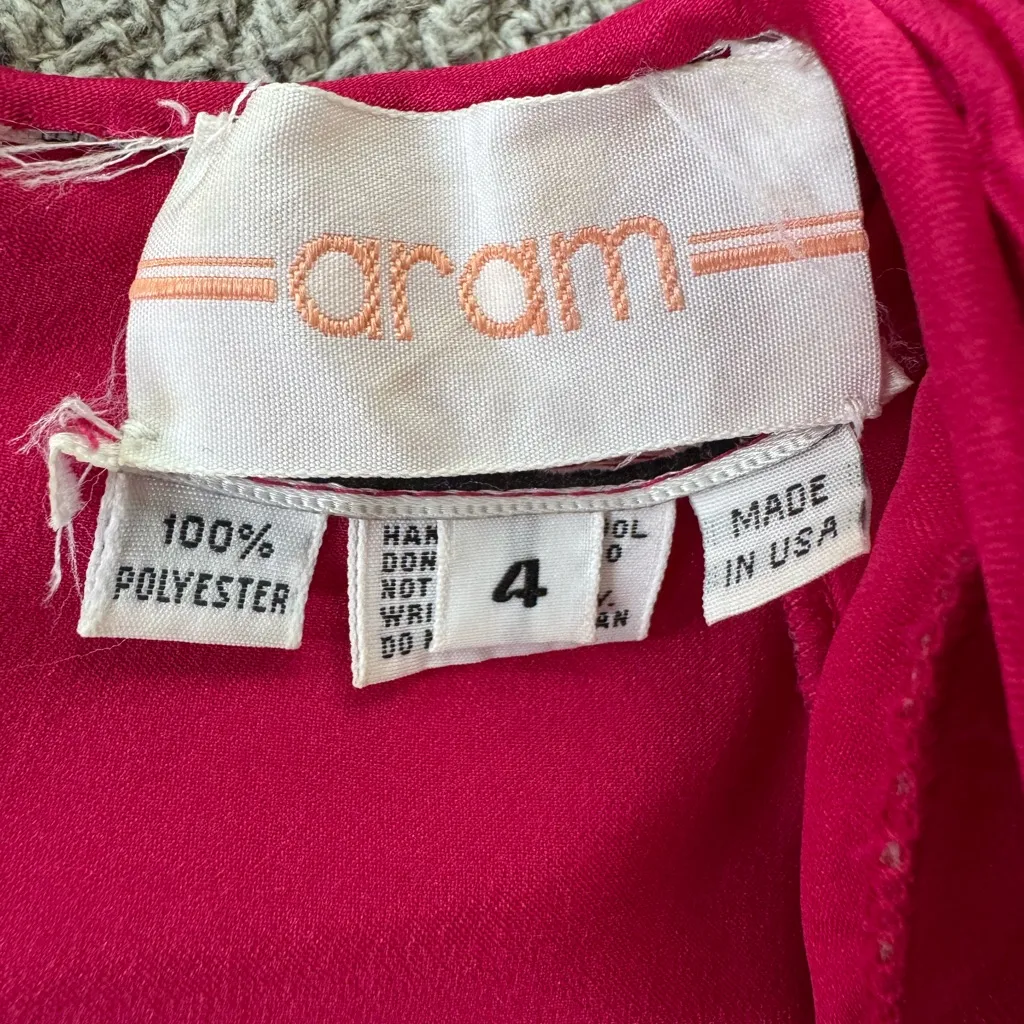 Vintage 80s Aram Hot Pink Plisse V Neck Ruffle Sleeve Bottom Prom Formal Dress 4 - Image 5