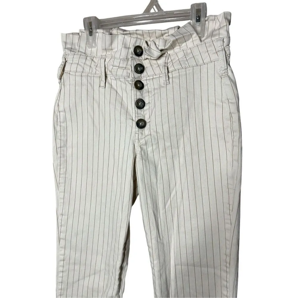 Free People‎ Montella Cream And Brown Pinstripe High Rise Paper Bag Jeans 4 - Image 2