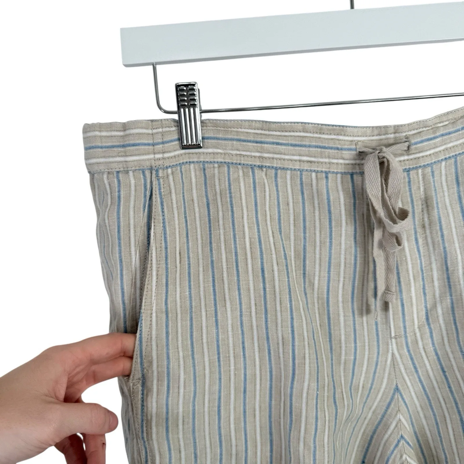 J Jill Love Linen Beige Striped Pull On Pants 100% Linen Coastal Womens Large - Image 2