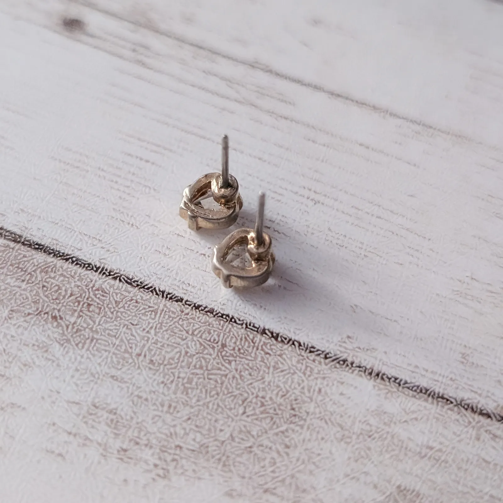 Vintage Stud Earrings 0.25" Gold Tone, Clear Gem, Unusual Shape - Image 5