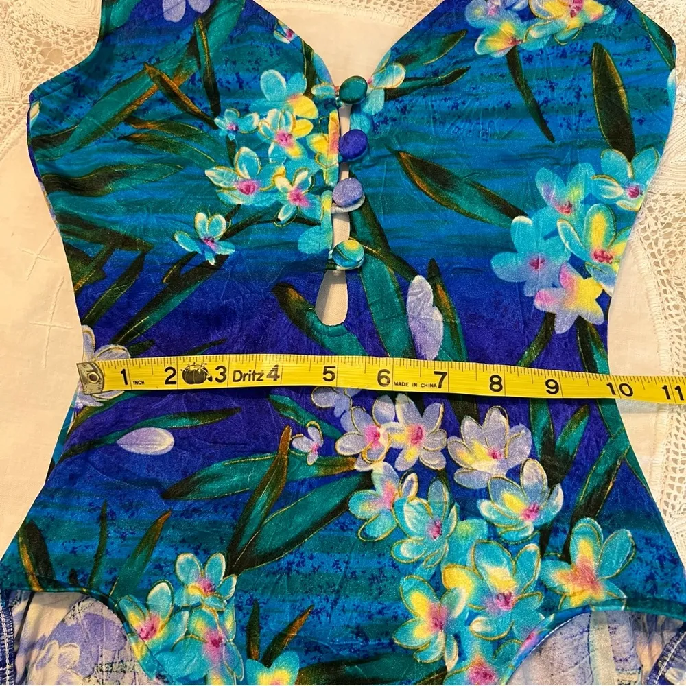Vintage Mainstream Floral One Piece Swimsuit Size 8 Made in USA Blues Greens Blue - Image 11