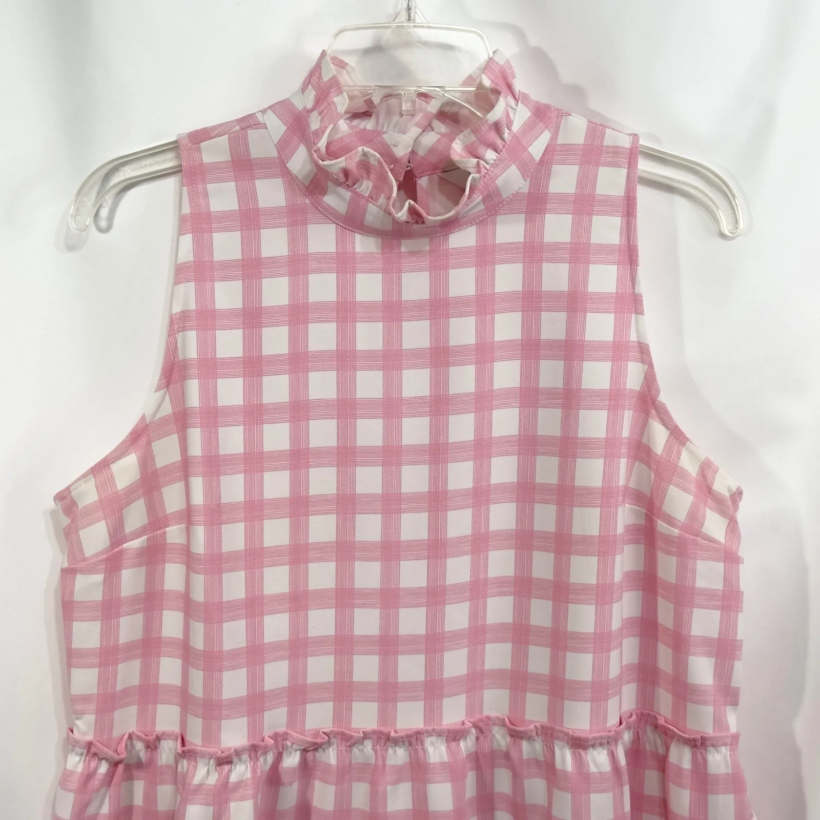 Crown & Ivy Large Top Ruffle Mock Neck Sleeveless Top Pink Gingham Tiered 1295‎ - Image 6